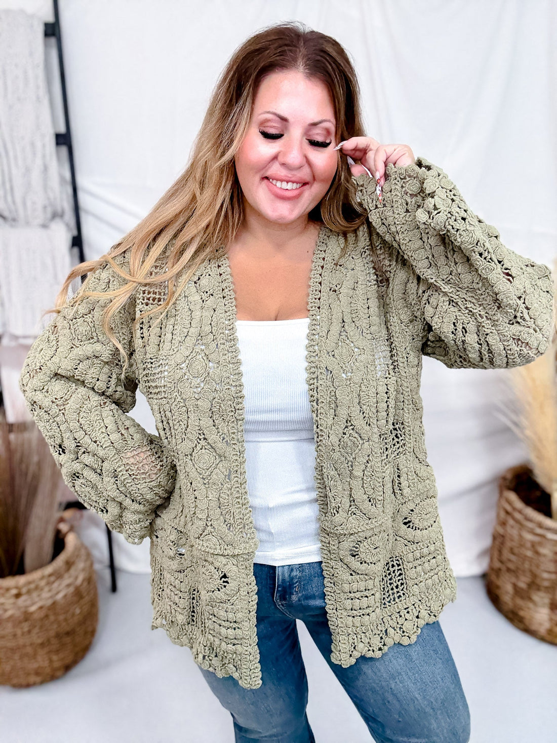 Long Sleeve Olive Green Crochet Open Cardigan - Whiskey Skies - POL CLOTHING INC.