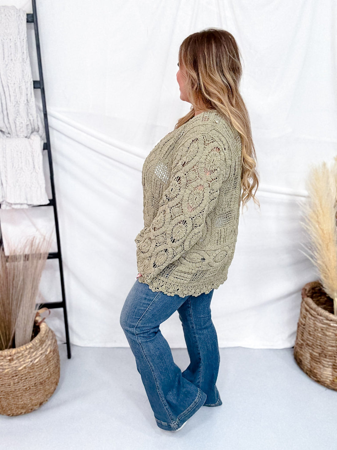 Long Sleeve Olive Green Crochet Open Cardigan - Whiskey Skies - POL CLOTHING INC.
