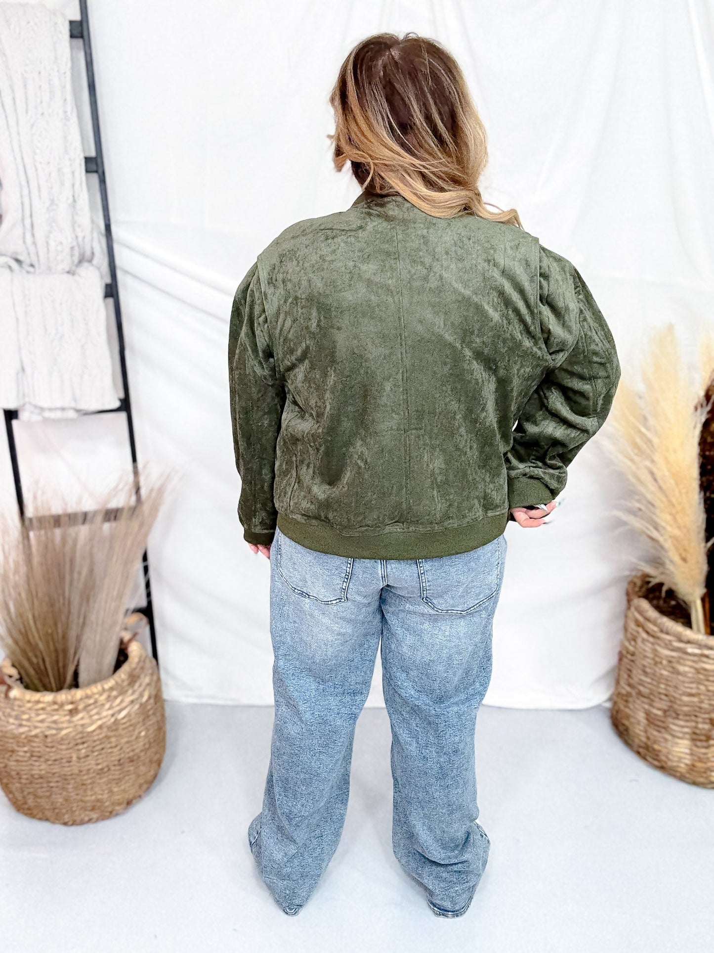 Long Sleeve Olive Zip - Up Bomber Jacket W/ Buttoned Side Pockets - Whiskey Skies - WHITE BIRCH