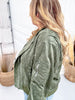 Long Sleeve Olive Zip - Up Bomber Jacket W/ Buttoned Side Pockets - Whiskey Skies - WHITE BIRCH