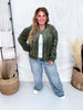 Long Sleeve Olive Zip - Up Bomber Jacket W/ Buttoned Side Pockets - Whiskey Skies - WHITE BIRCH