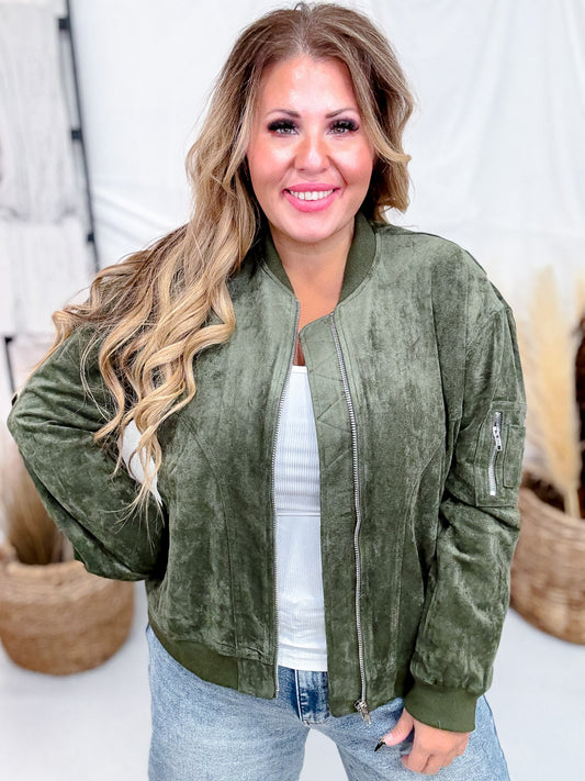 Long Sleeve Olive Zip - Up Bomber Jacket W/ Buttoned Side Pockets - Whiskey Skies - WHITE BIRCH