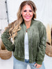 Long Sleeve Olive Zip - Up Bomber Jacket W/ Buttoned Side Pockets - Whiskey Skies - WHITE BIRCH