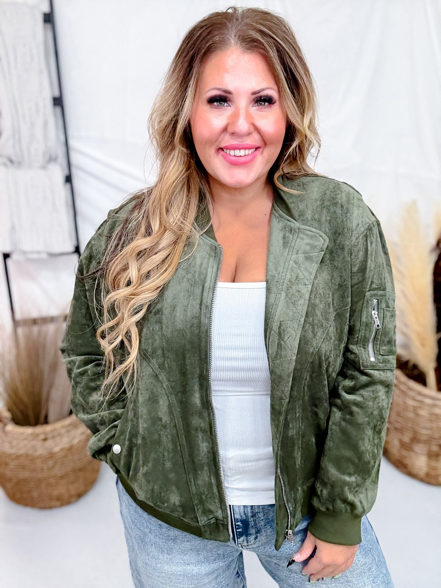 Long Sleeve Olive Zip - Up Bomber Jacket W/ Buttoned Side Pockets - Whiskey Skies - WHITE BIRCH