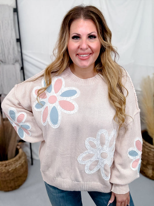 Long Sleeve Patchwork Floral Pullover Sweater - Whiskey Skies - DAVI & DANI