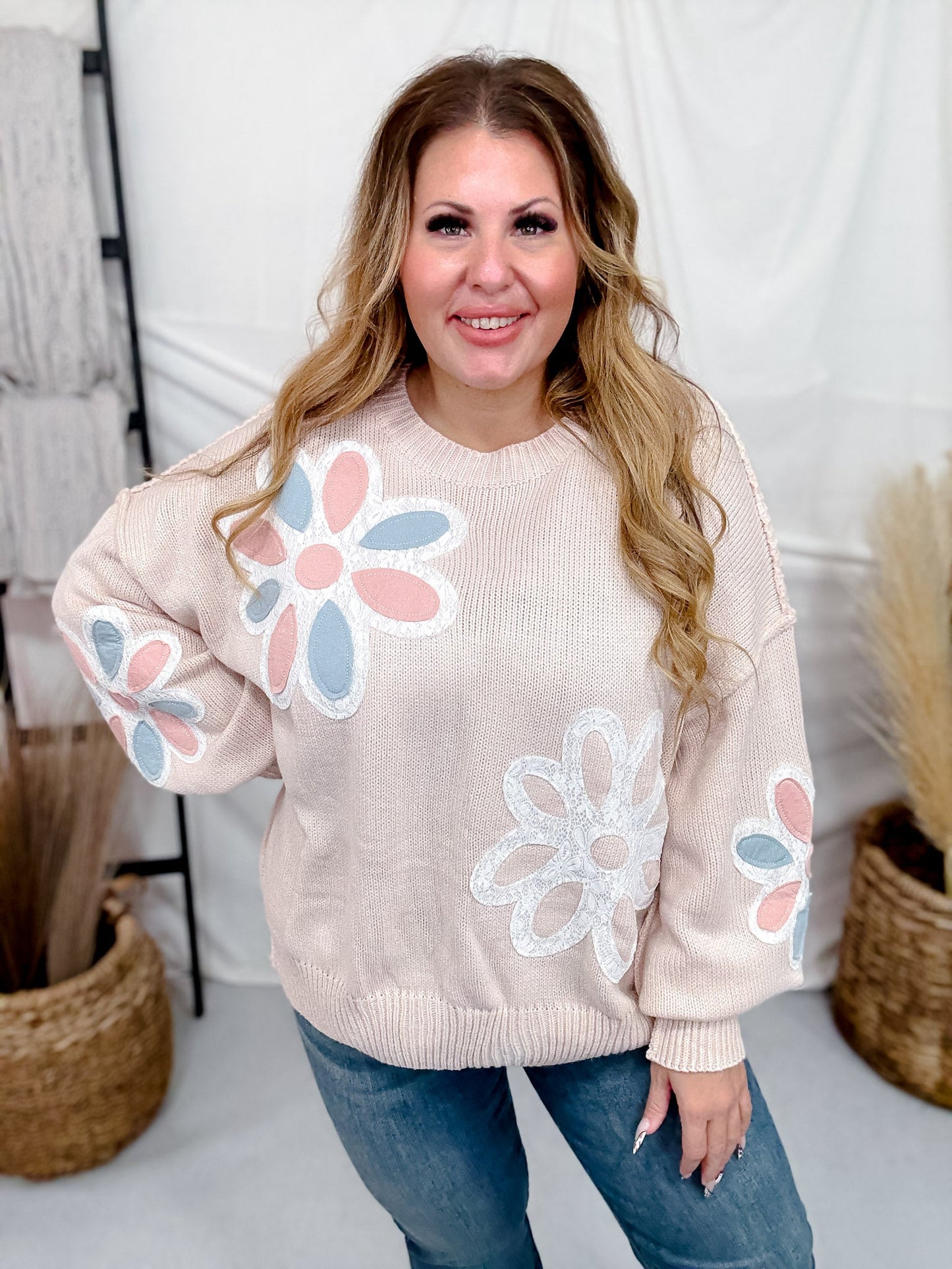 Long Sleeve Patchwork Floral Pullover Sweater - Whiskey Skies - DAVI & DANI