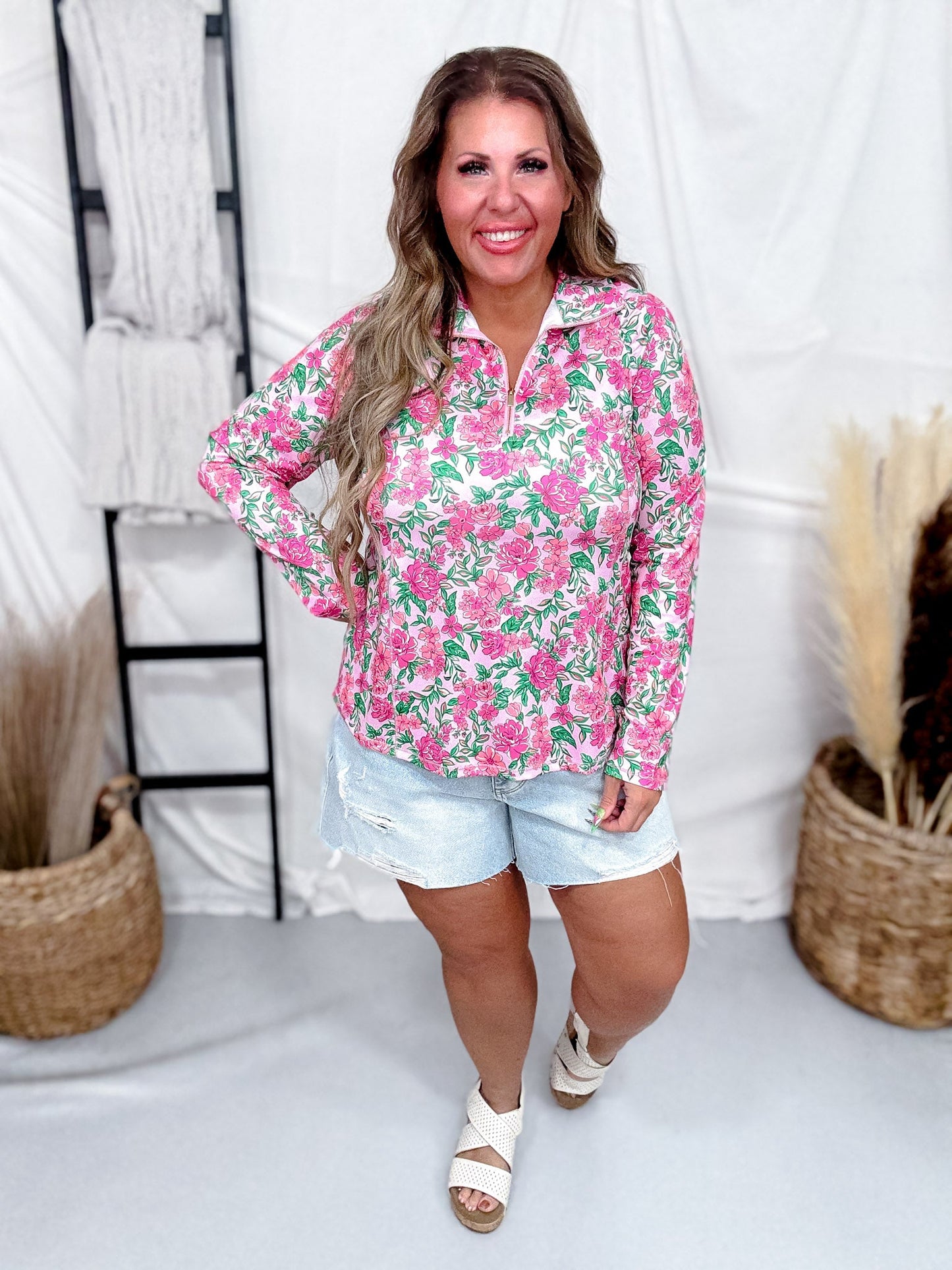 Long Sleeve Pink Multi Color Floral Top W/ Front Zipper - Whiskey Skies - DEAR SCARLETT