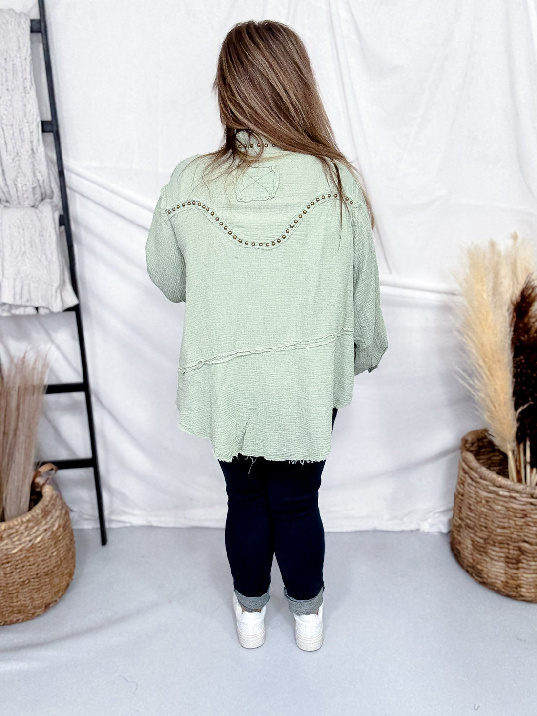 Long Sleeve Pistachio Button Down Top W/ Studding Details - Whiskey Skies - POL CLOTHING INC.