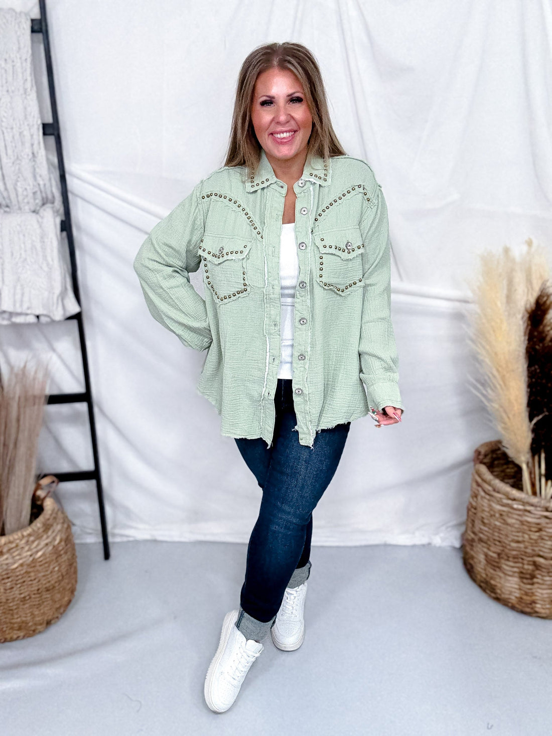 Long Sleeve Pistachio Button Down Top W/ Studding Details - Whiskey Skies - POL CLOTHING INC.