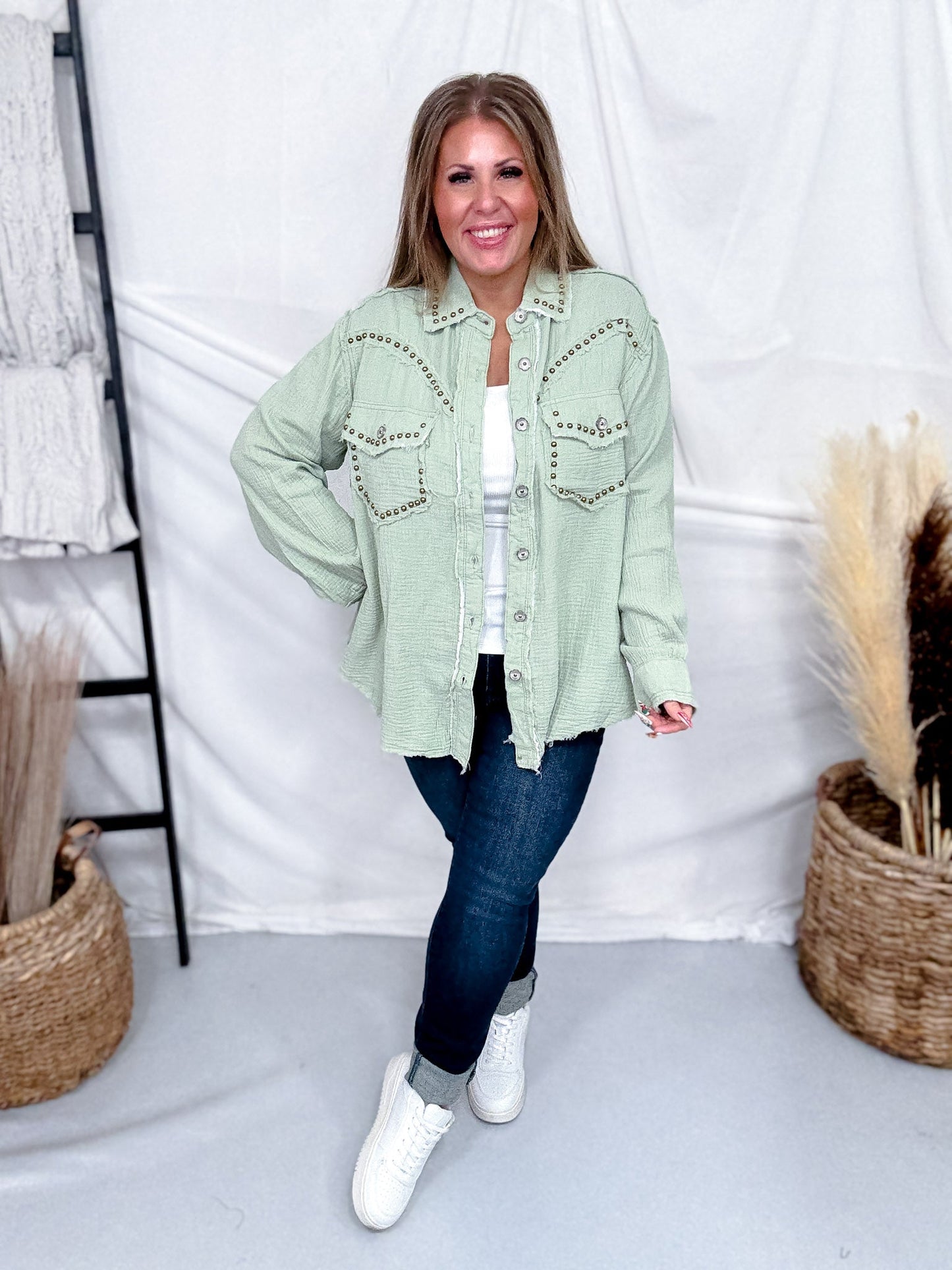 Long Sleeve Pistachio Button Down Top W/ Studding Details - Whiskey Skies - POL CLOTHING INC.