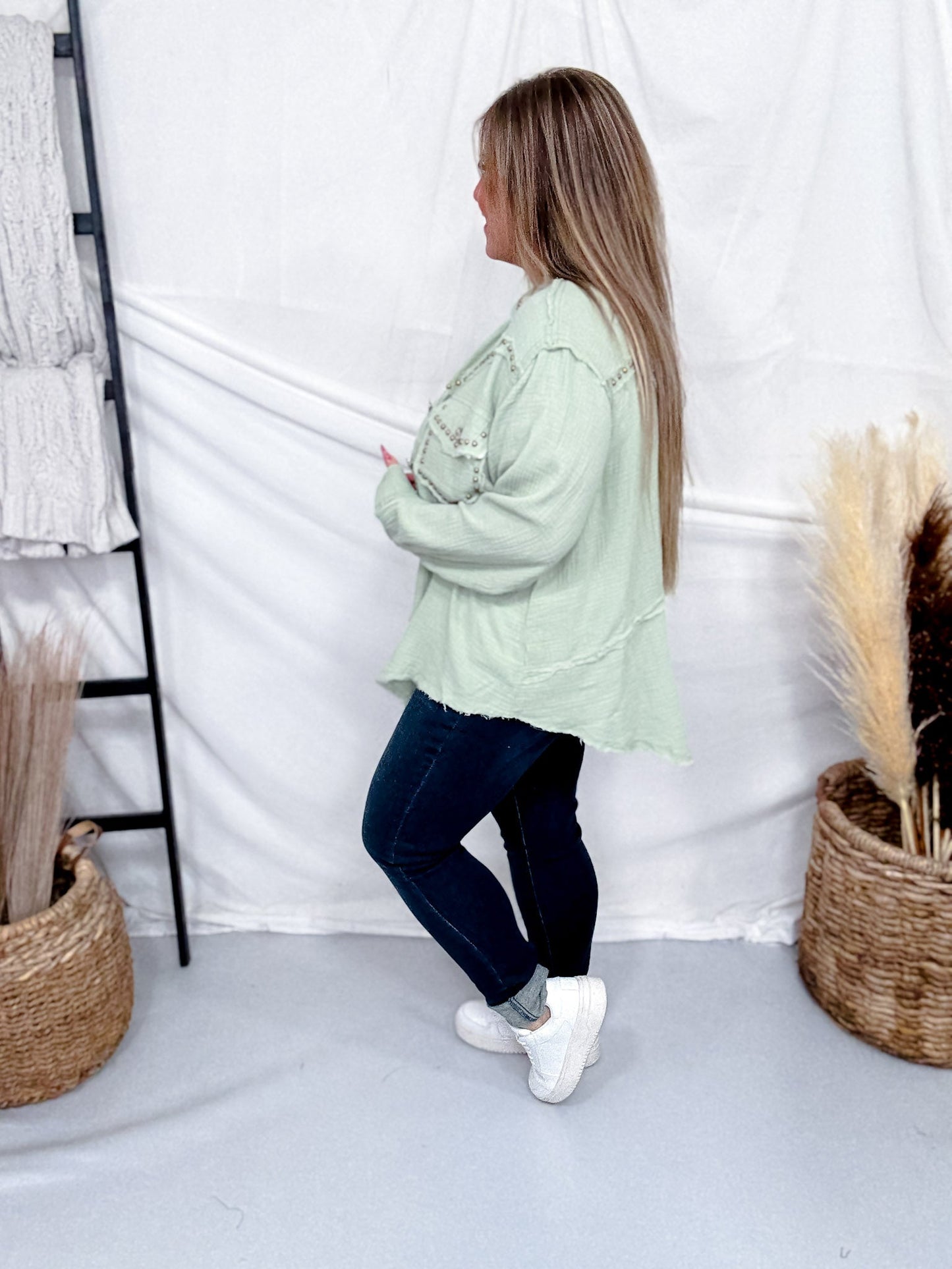 Long Sleeve Pistachio Button Down Top W/ Studding Details - Whiskey Skies - POL CLOTHING INC.