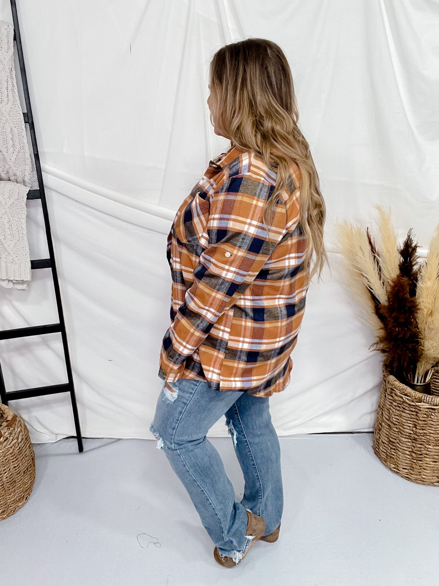 Long Sleeve Plaid Boyfriend Flannel Shirt - Whiskey Skies - ADORA