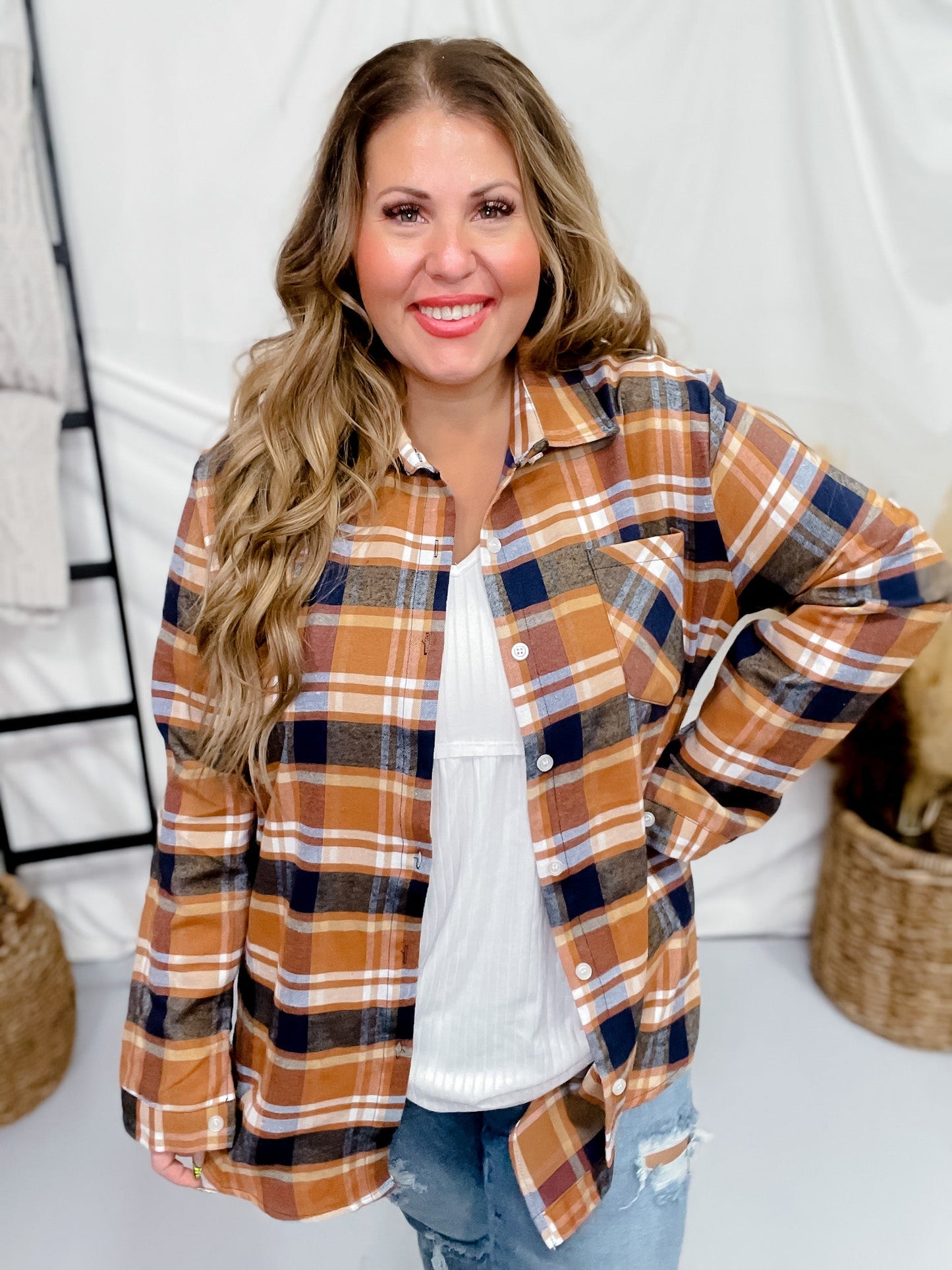 Long Sleeve Plaid Boyfriend Flannel Shirt - Whiskey Skies - ADORA