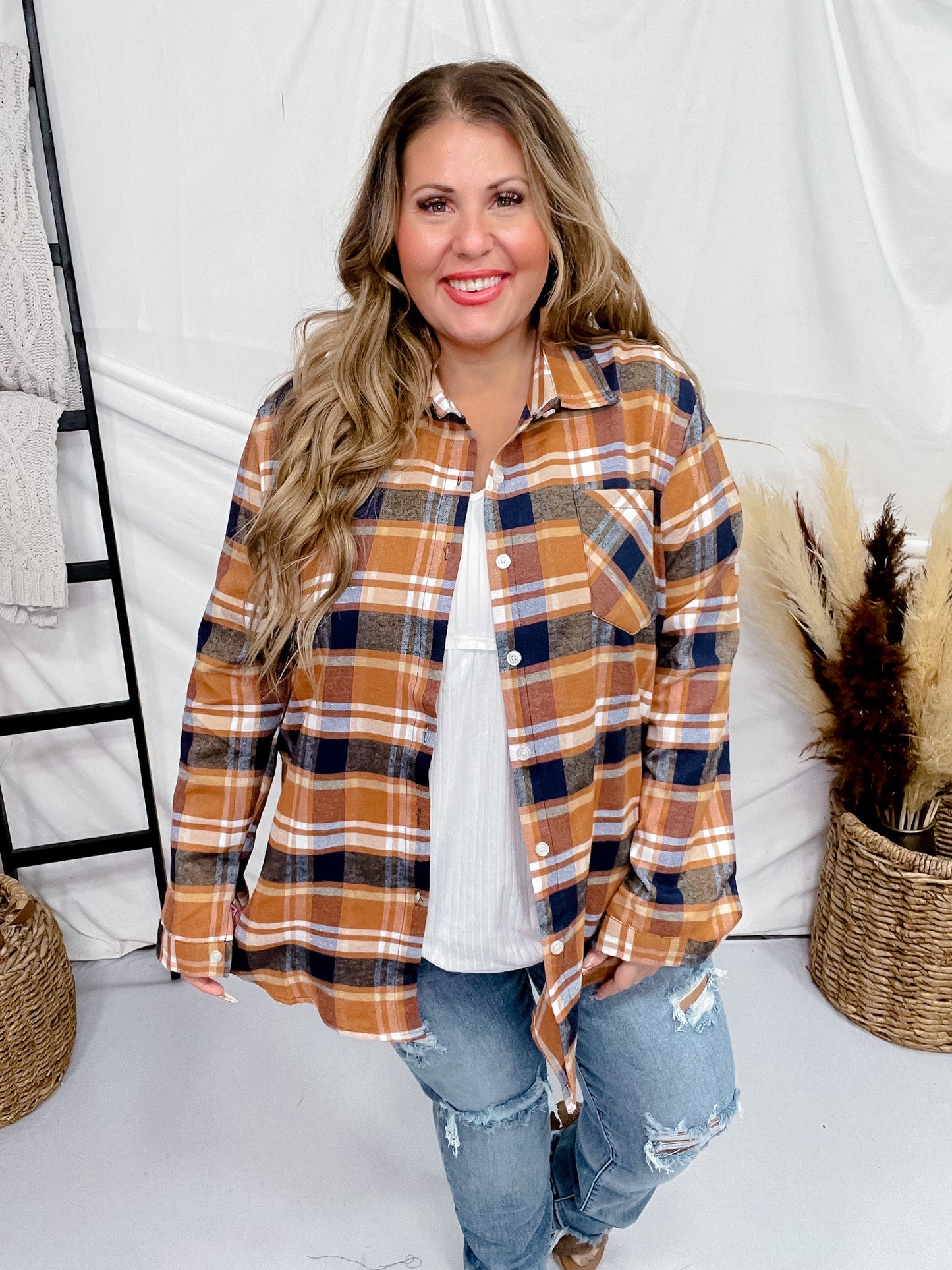 Long Sleeve Plaid Boyfriend Flannel Shirt - Whiskey Skies - ADORA