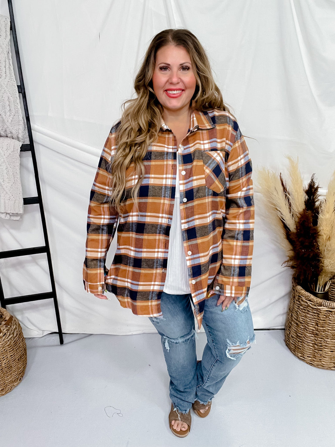 Long Sleeve Plaid Boyfriend Flannel Shirt - Whiskey Skies - ADORA