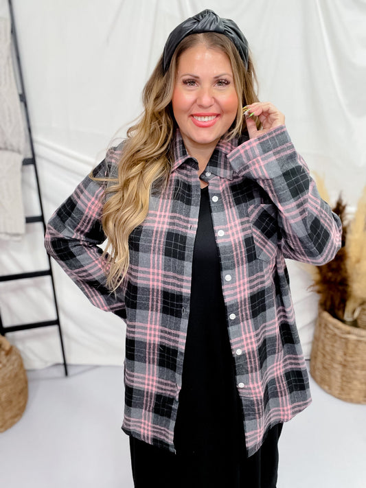 Long Sleeve Plaid Pink & Black Boyfriend Flannel - Whiskey Skies - ADORA