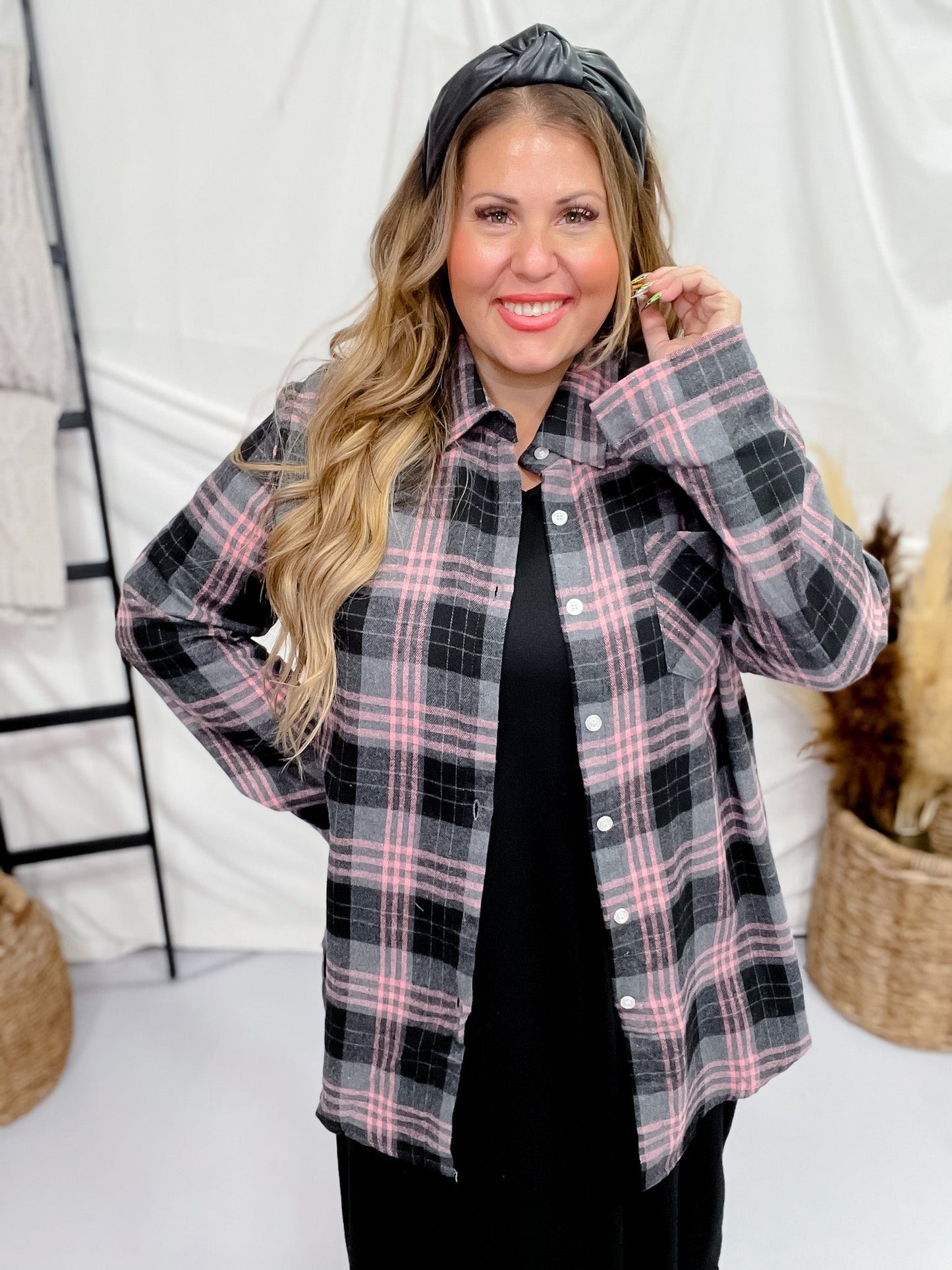 Long Sleeve Plaid Pink & Black Boyfriend Flannel - Whiskey Skies - ADORA