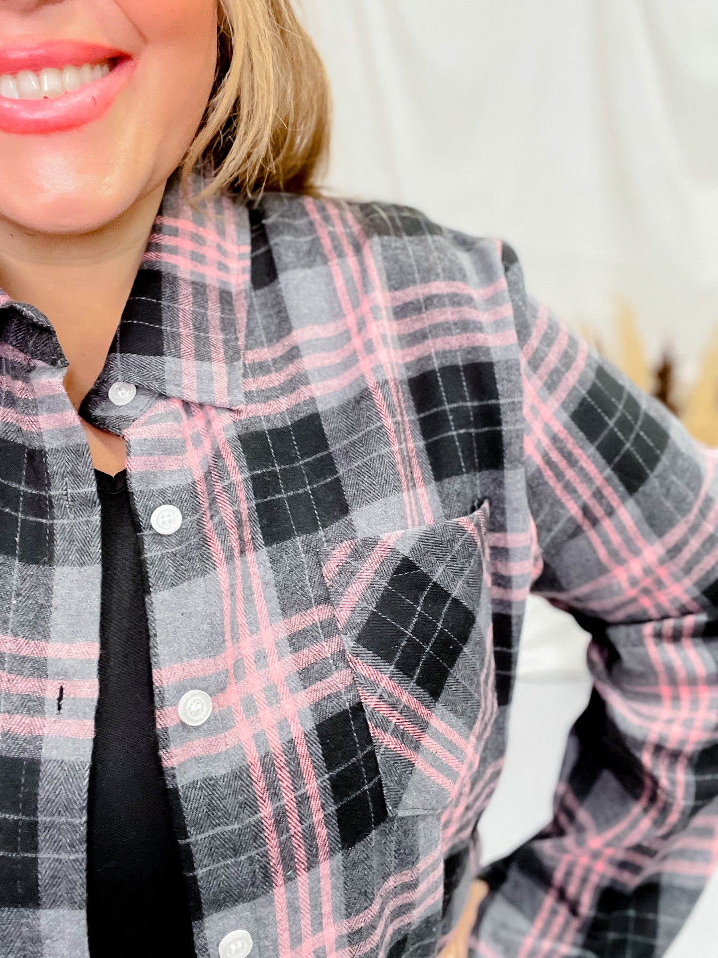 Long Sleeve Plaid Pink & Black Boyfriend Flannel - Whiskey Skies - ADORA