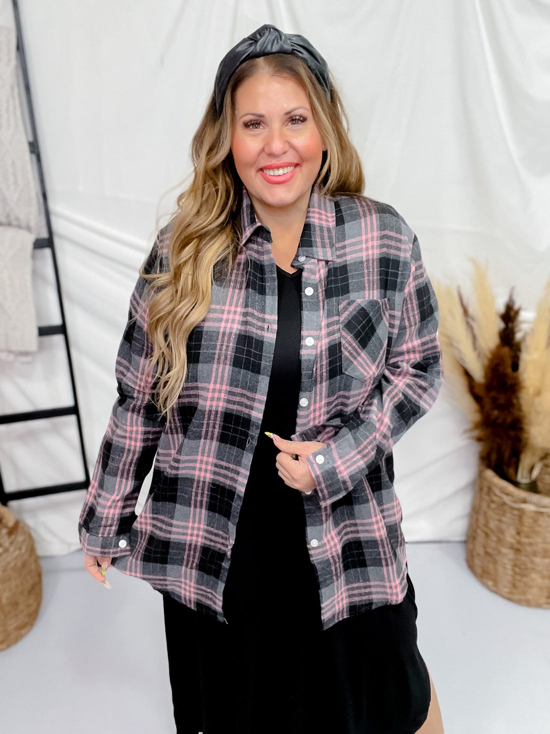 Long Sleeve Plaid Pink & Black Boyfriend Flannel - Whiskey Skies - ADORA