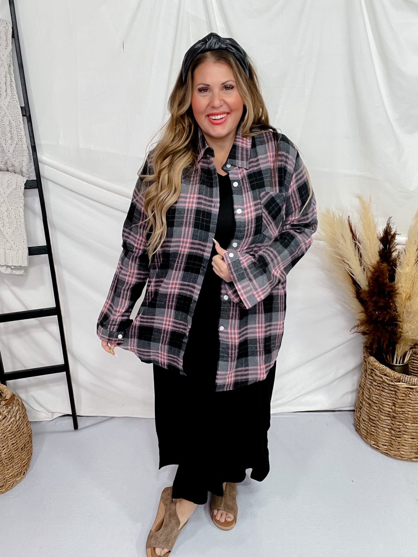 Long Sleeve Plaid Pink & Black Boyfriend Flannel - Whiskey Skies - ADORA