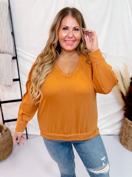 Long Sleeve Pumpkin Colored Top W/ Frayed Detail - Whiskey Skies - SEW IN LOVE