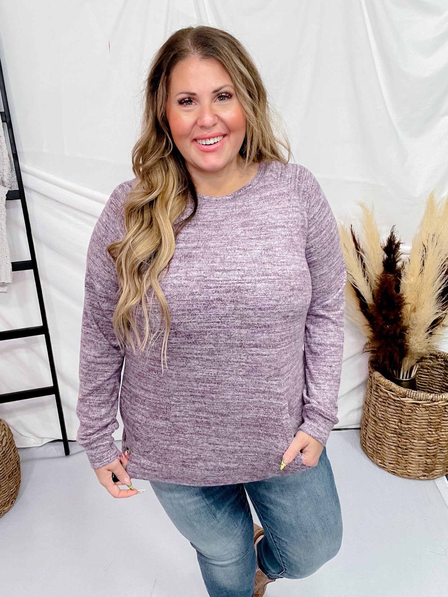 Long Sleeve Purple Pullover W/ Front Pockets - Whiskey Skies - MICHELLE MAE