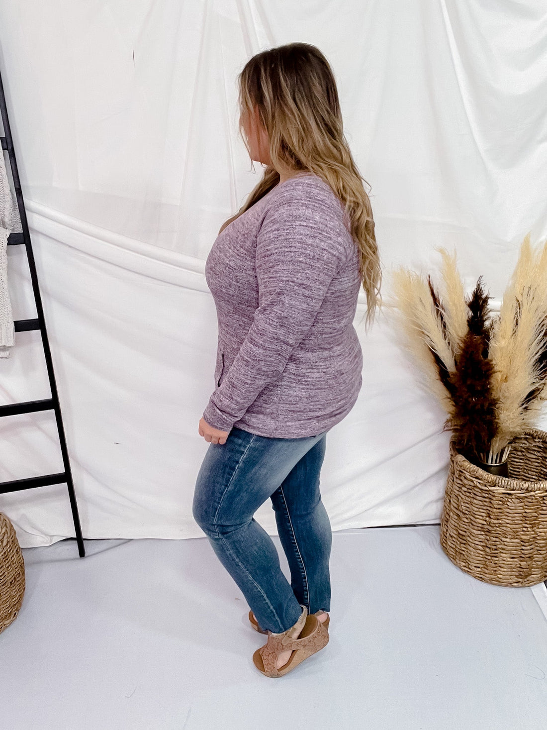 Long Sleeve Purple Pullover W/ Front Pockets - Whiskey Skies - MICHELLE MAE