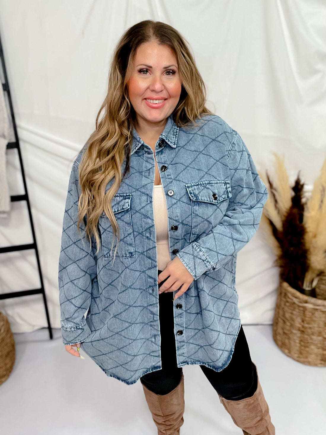 Long Sleeve Quilted Denim Shacket - Whiskey Skies - DAVI & DANI