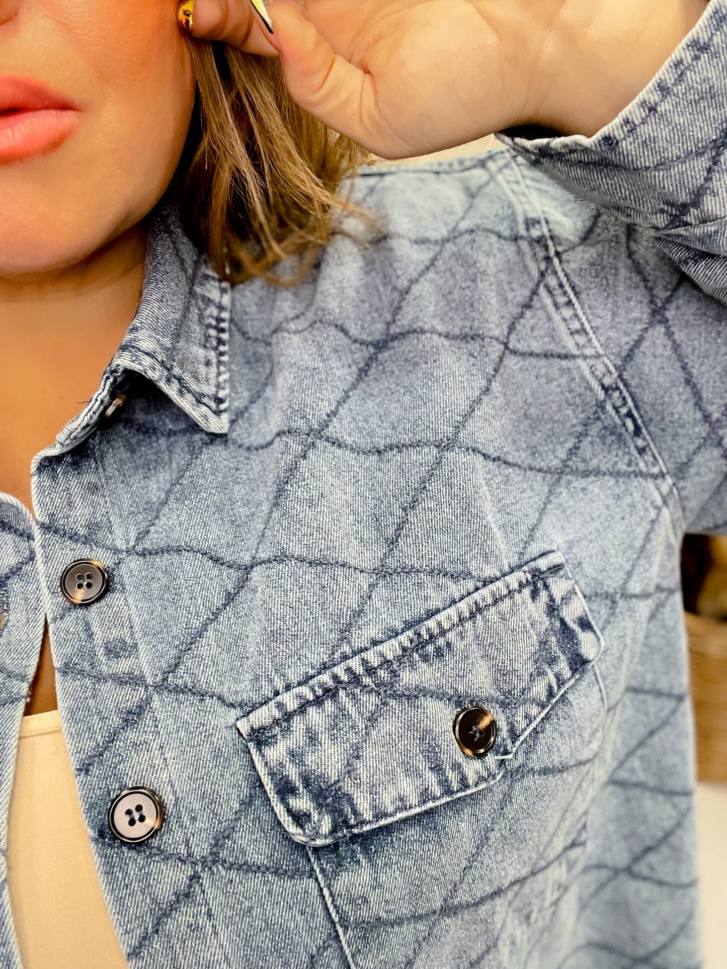 Long Sleeve Quilted Denim Shacket - Whiskey Skies - DAVI & DANI