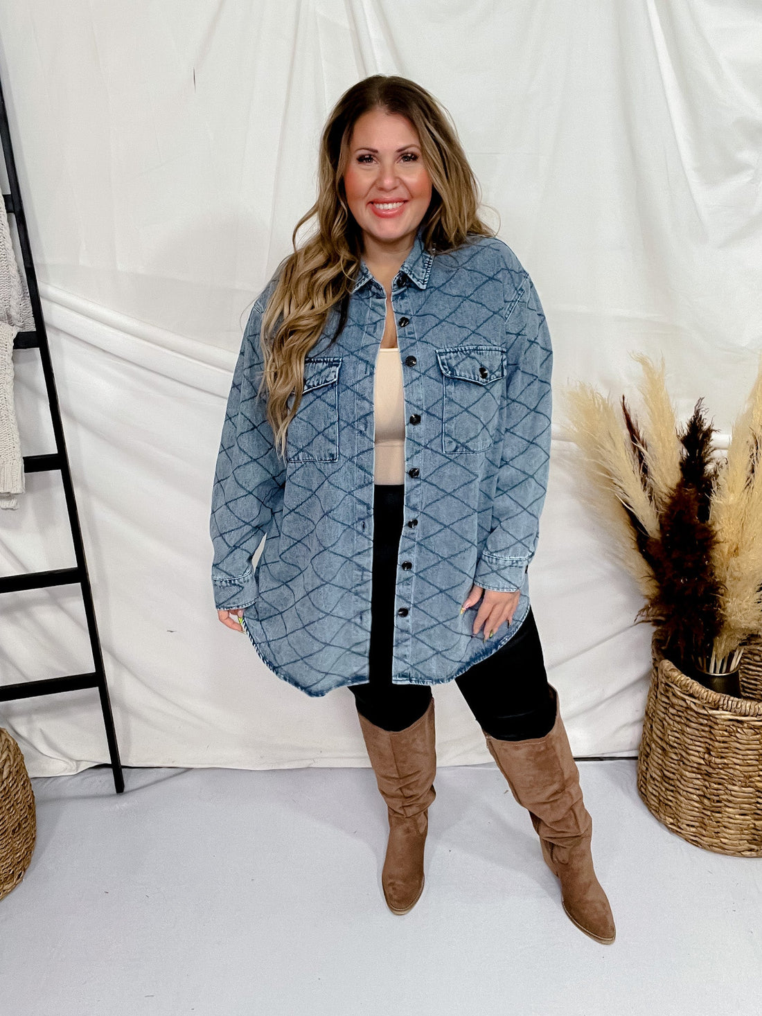 Long Sleeve Quilted Denim Shacket - Whiskey Skies - DAVI & DANI