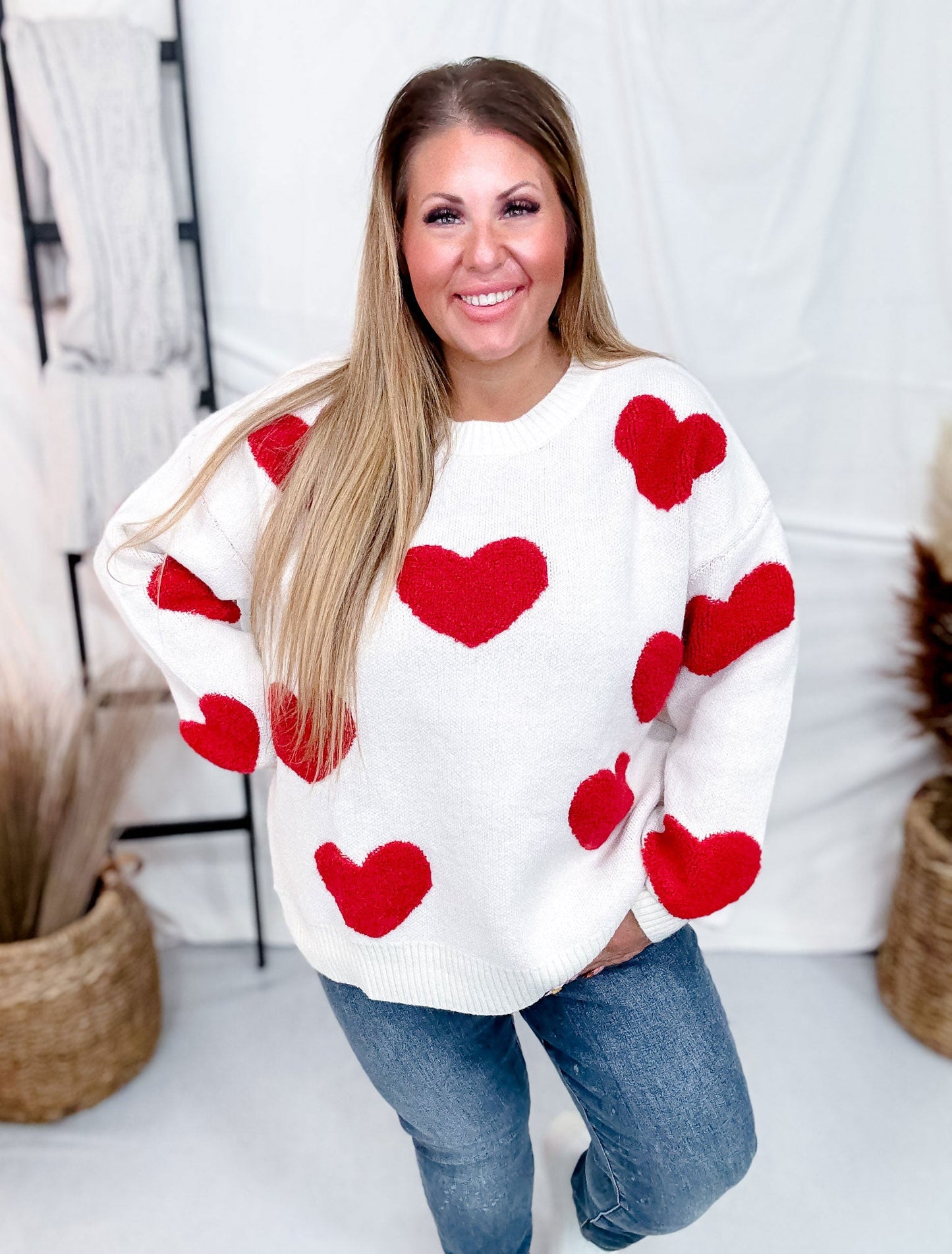 Long Sleeve Red Heart Print Knit Sweater - Whiskey Skies - WHITE BIRCH