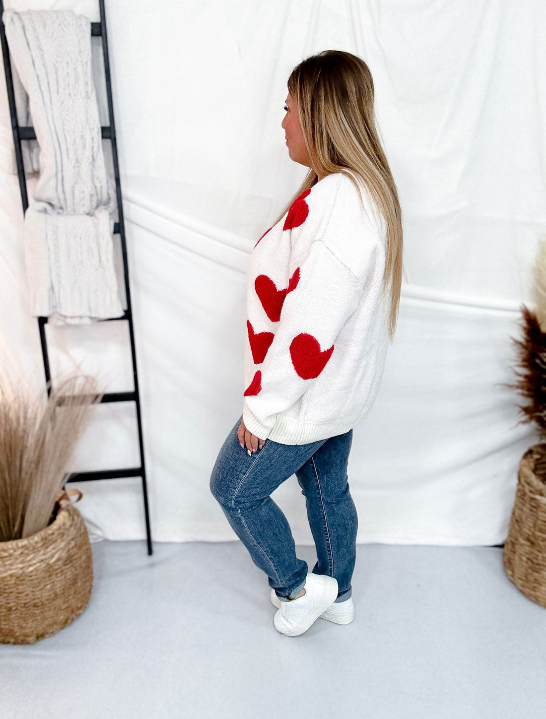 Long Sleeve Red Heart Print Knit Sweater - Whiskey Skies - WHITE BIRCH