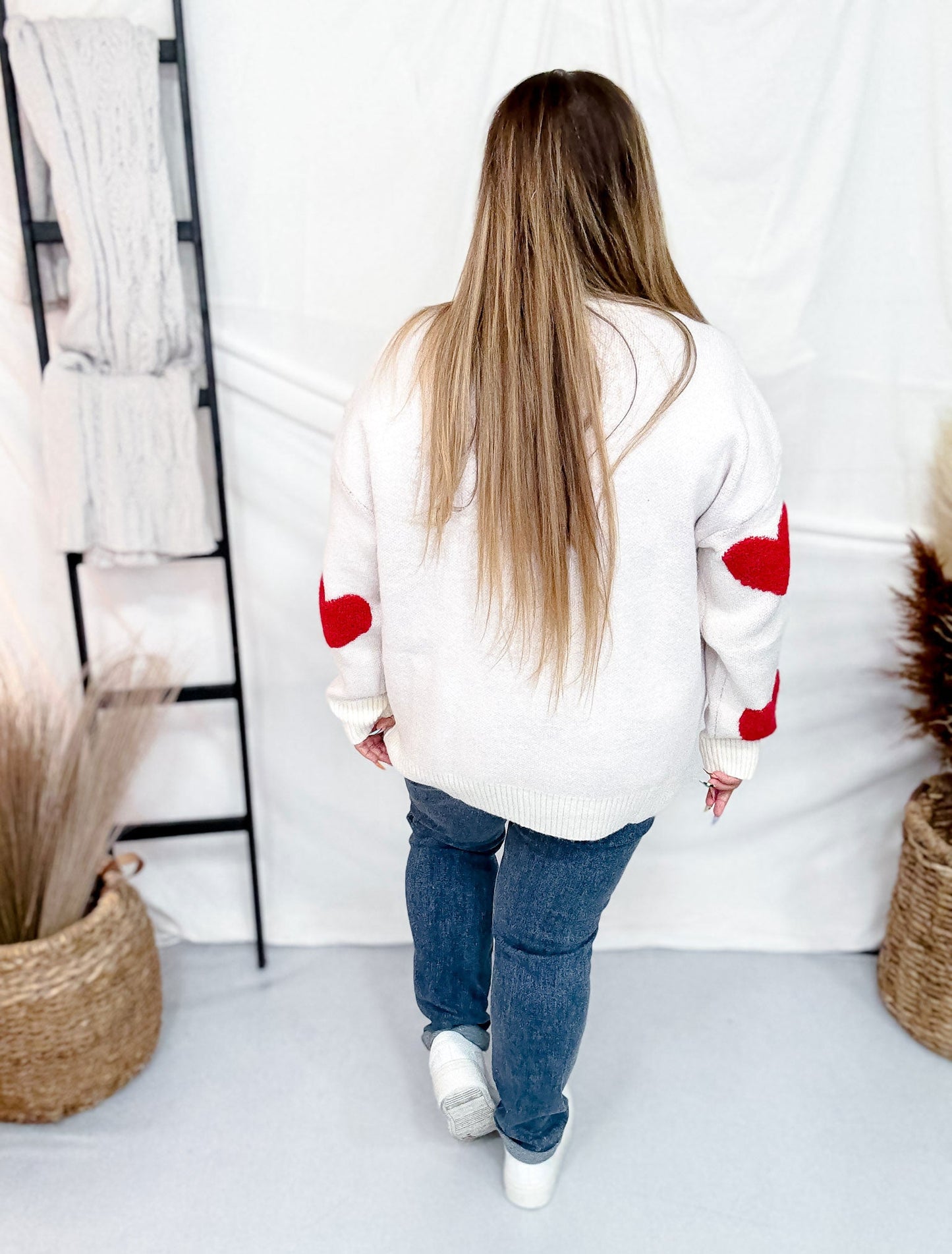 Long Sleeve Red Heart Print Knit Sweater - Whiskey Skies - WHITE BIRCH