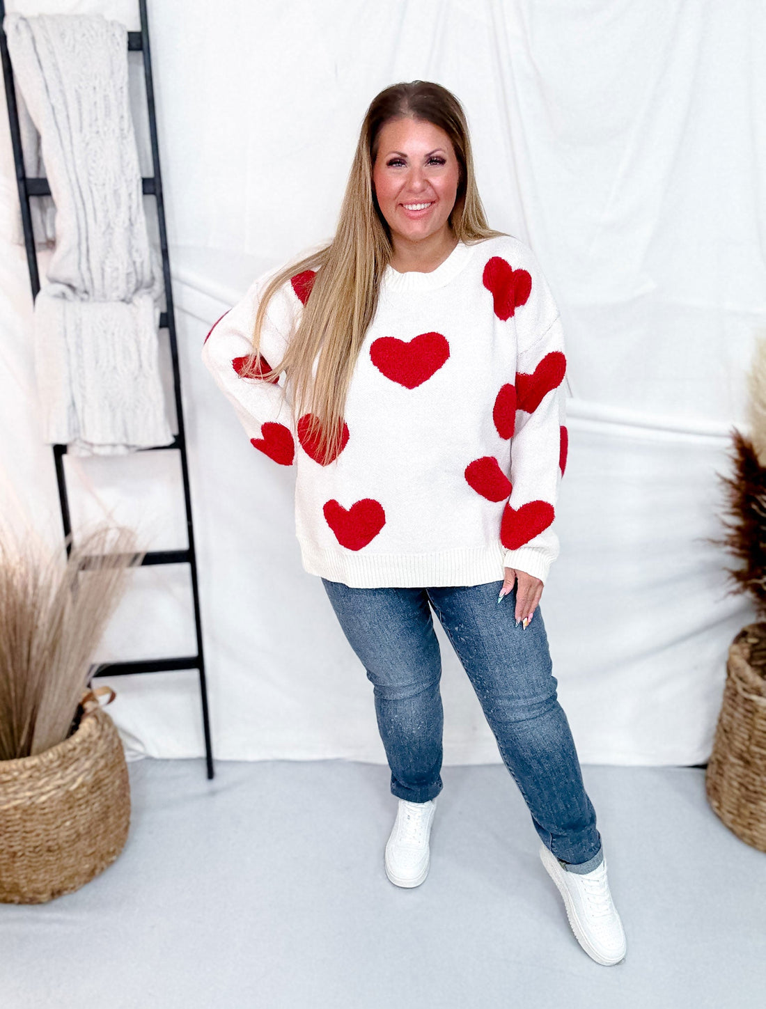Long Sleeve Red Heart Print Knit Sweater - Whiskey Skies - WHITE BIRCH