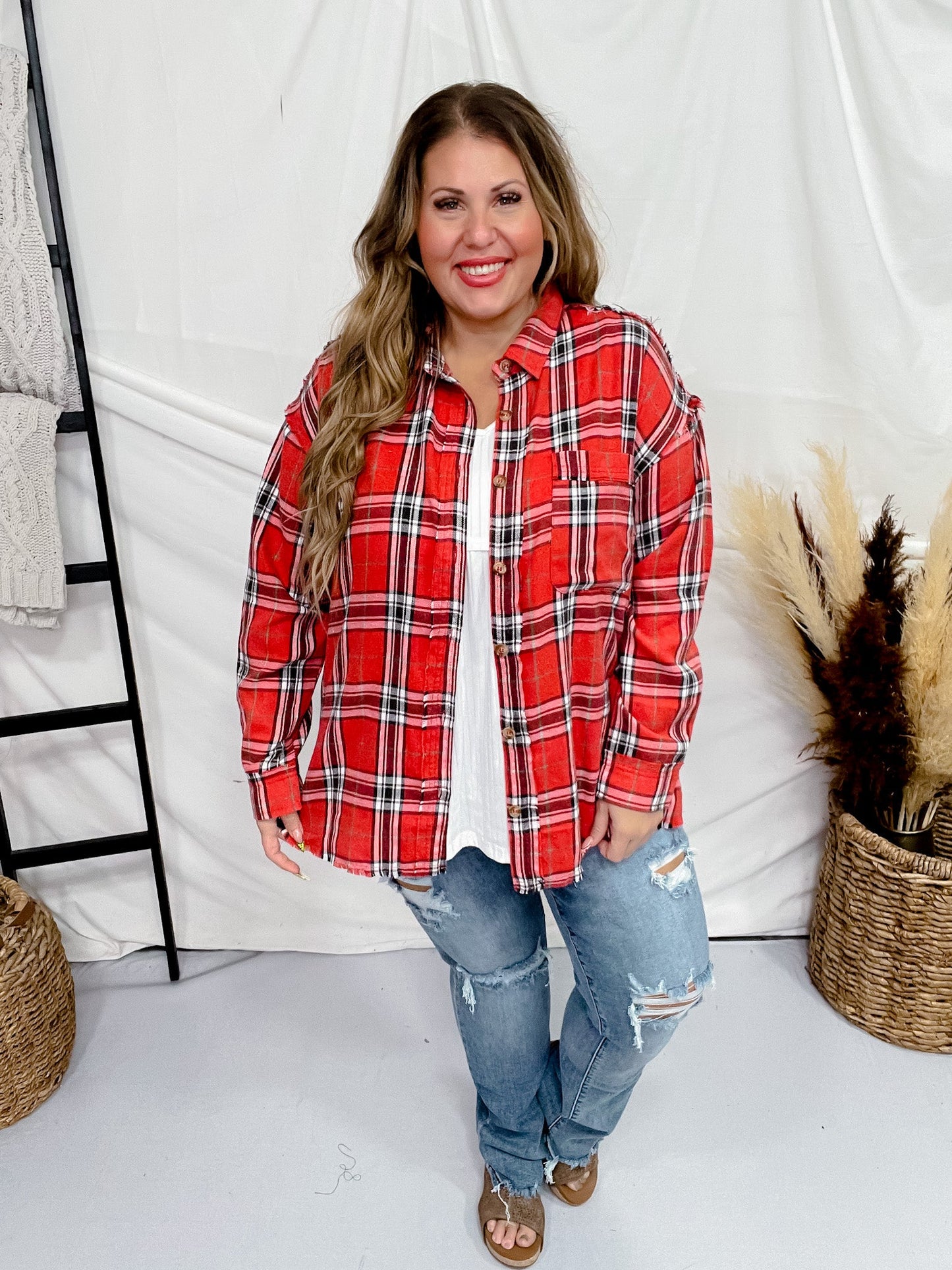 Long Sleeve Red Plaid Button Down Shirt - Whiskey Skies - WHITE BIRCH