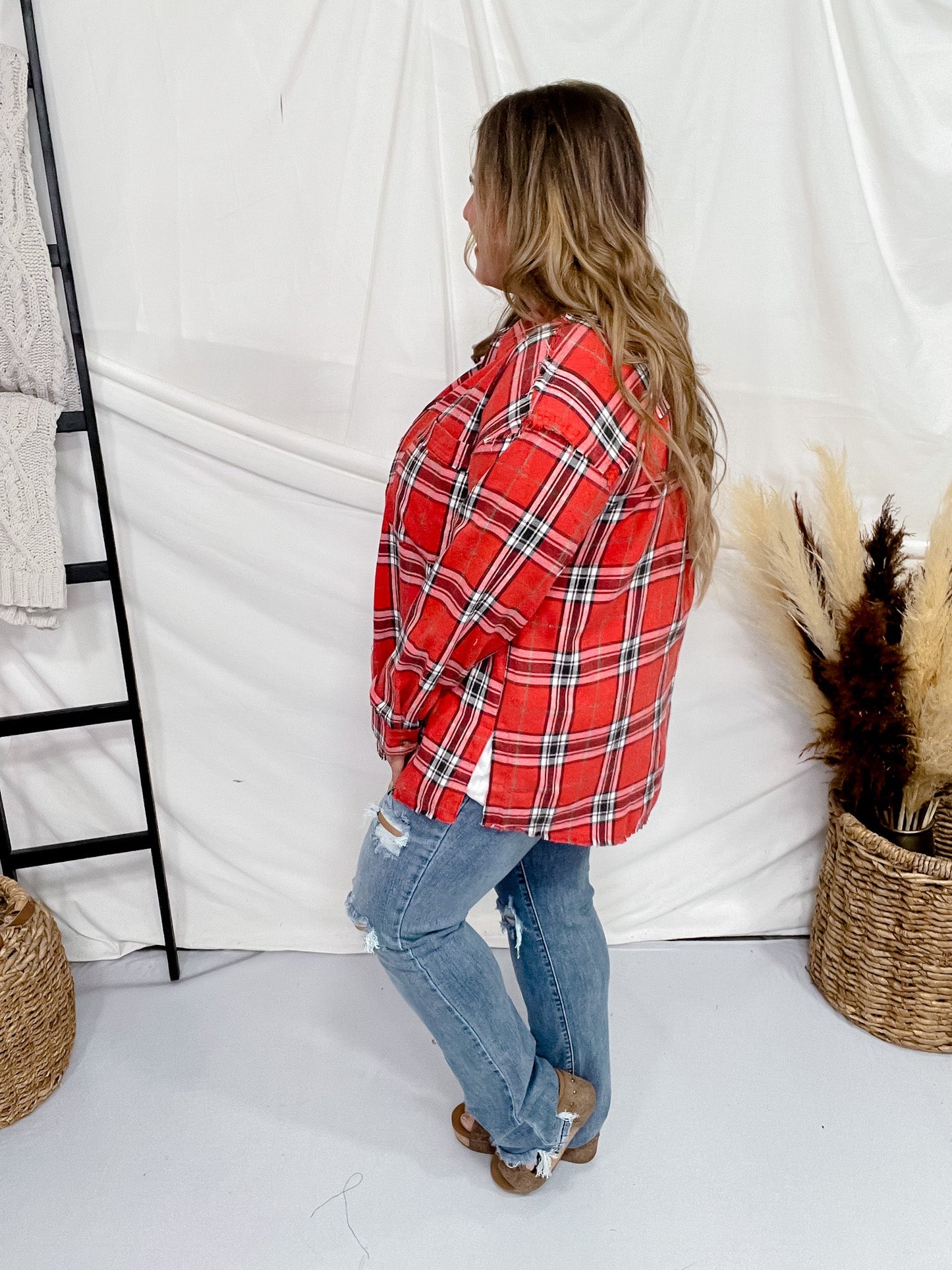 Long Sleeve Red Plaid Button Down Shirt - Whiskey Skies - WHITE BIRCH