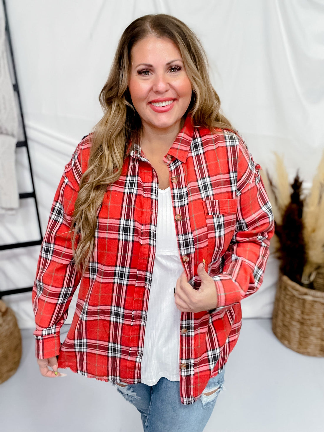 Long Sleeve Red Plaid Button Down Shirt - Whiskey Skies - WHITE BIRCH