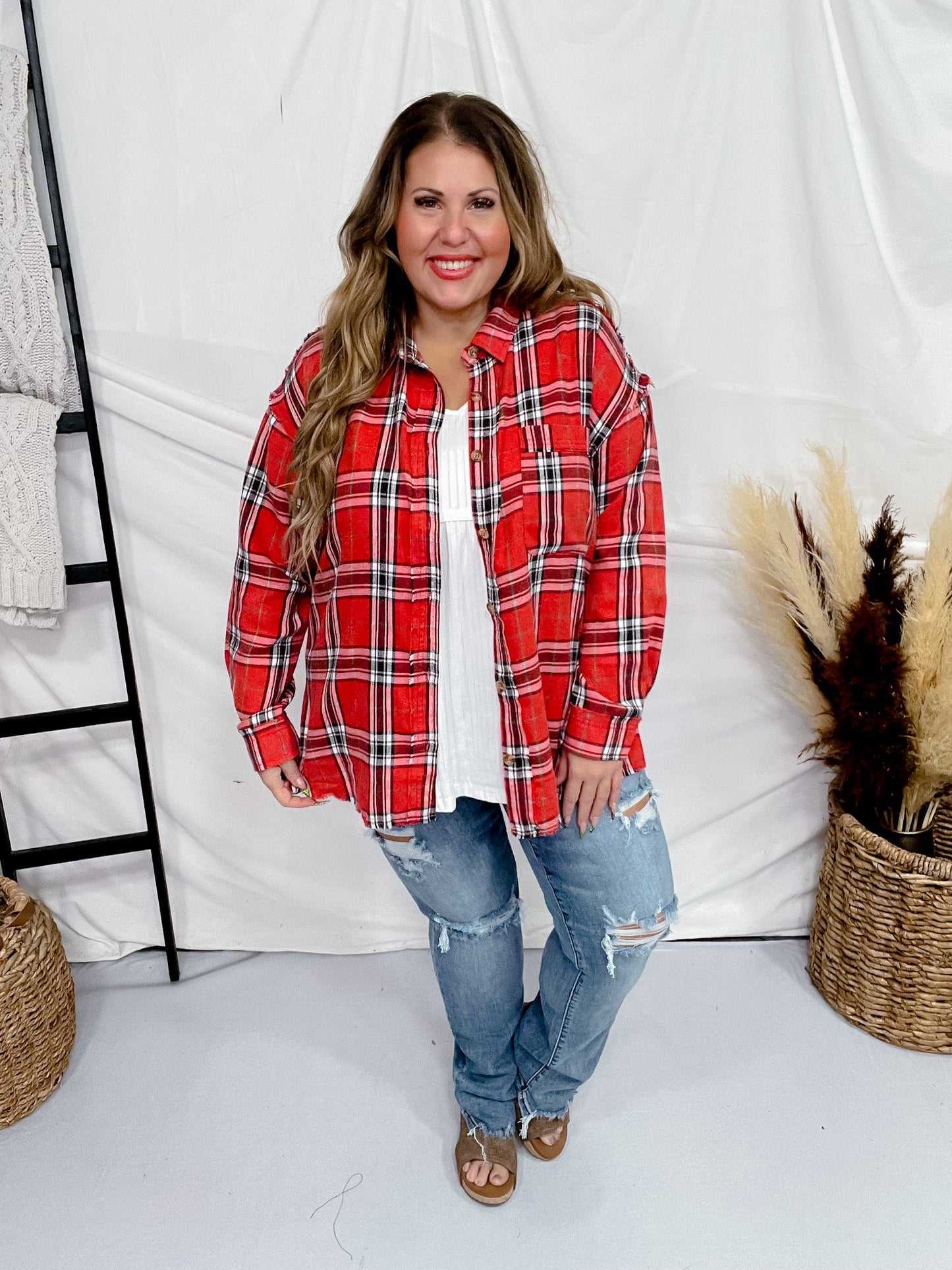 Long Sleeve Red Plaid Button Down Shirt - Whiskey Skies - WHITE BIRCH