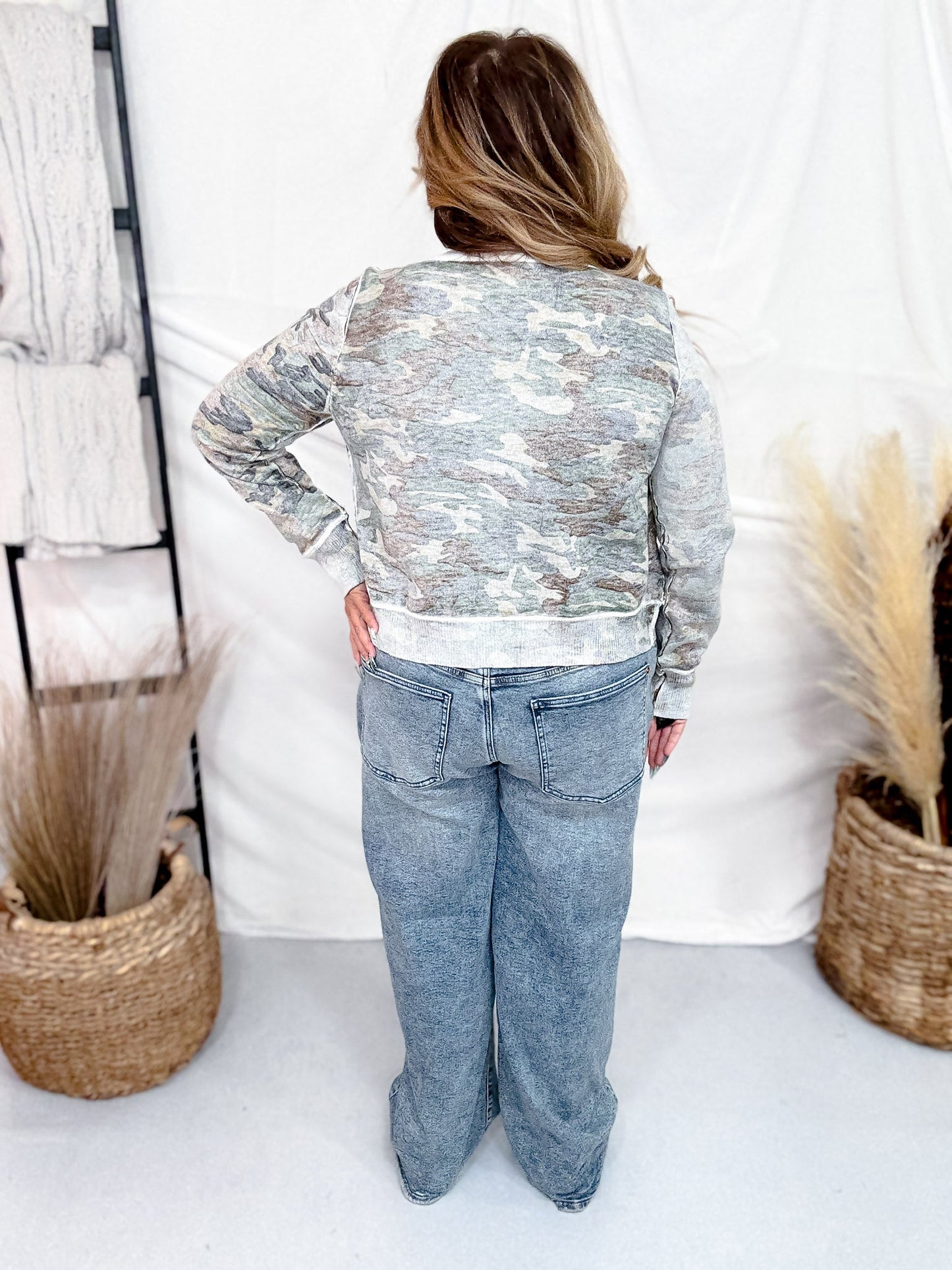 Long Sleeve Reverse Print Camo Knit Top W/ Button Down Front - Whiskey Skies - WHITE BIRCH