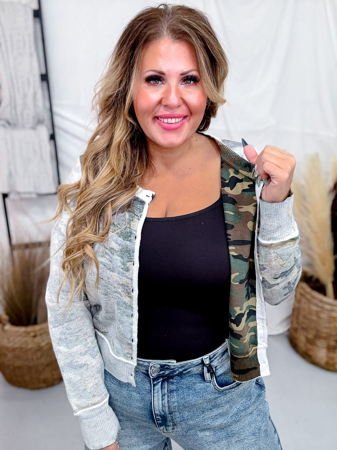 Long Sleeve Reverse Print Camo Knit Top W/ Button Down Front - Whiskey Skies - WHITE BIRCH