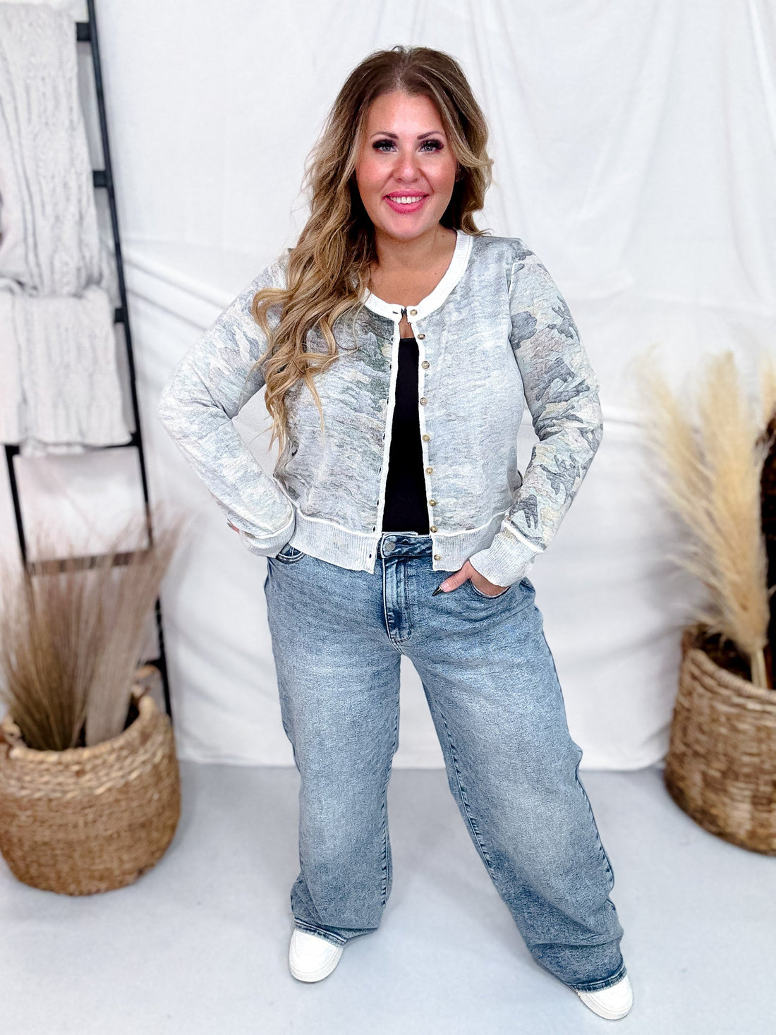 Long Sleeve Reverse Print Camo Knit Top W/ Button Down Front - Whiskey Skies - WHITE BIRCH