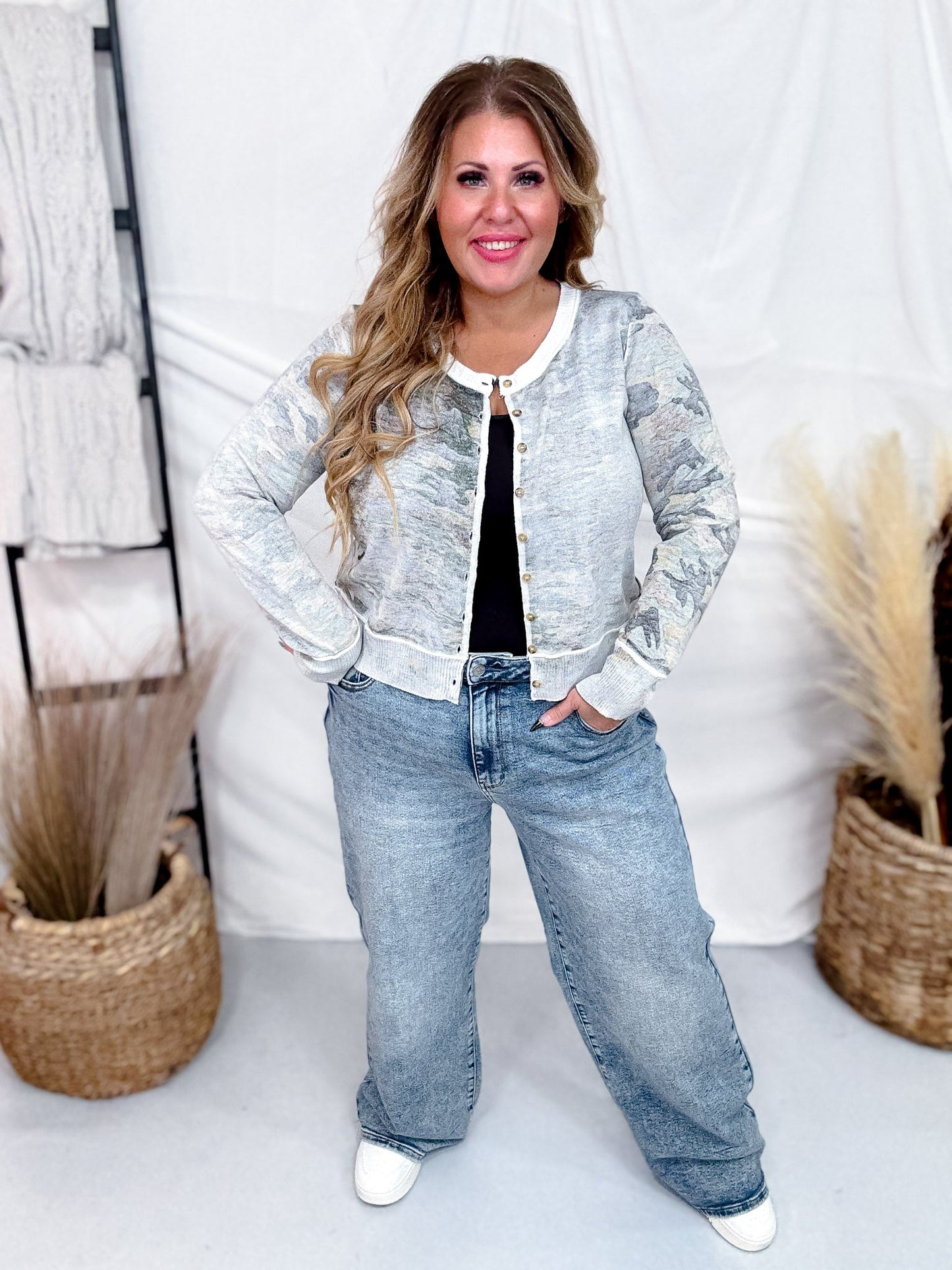 Long Sleeve Reverse Print Camo Knit Top W/ Button Down Front - Whiskey Skies - WHITE BIRCH