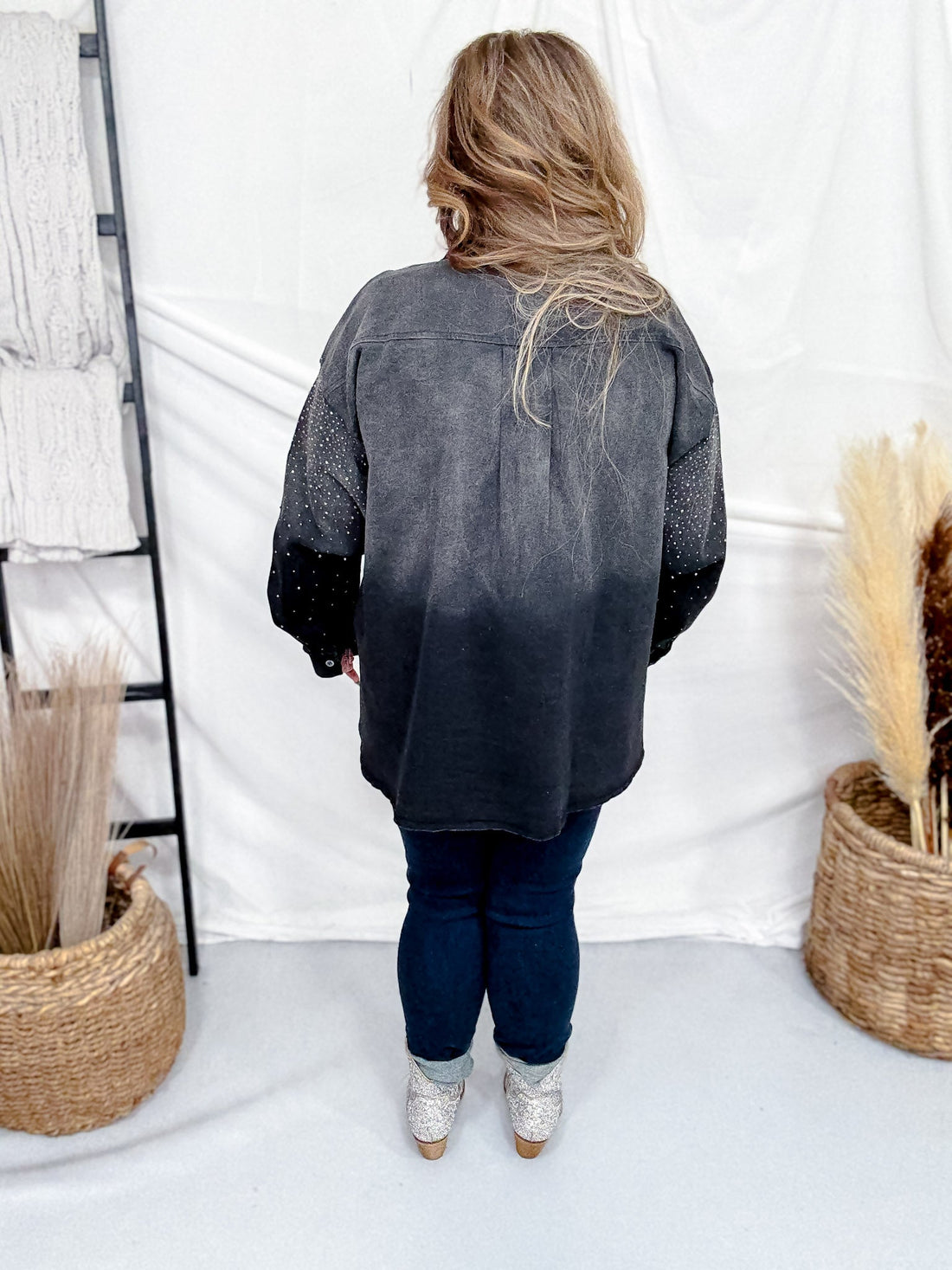 Long Sleeve Rhinestone Button Up Black Washed Denim Shirt - Whiskey Skies - DAVI & DANI