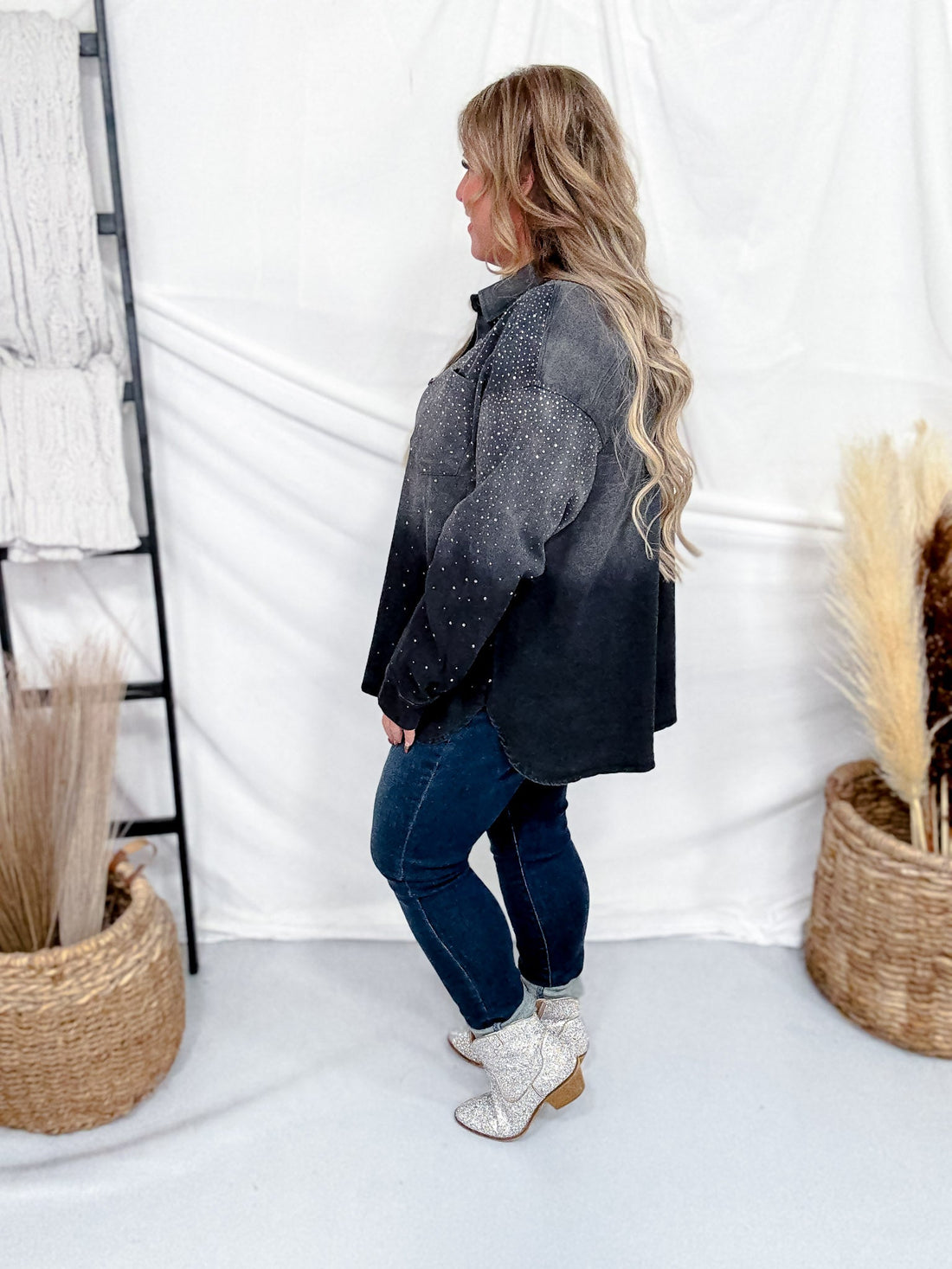 Long Sleeve Rhinestone Button Up Black Washed Denim Shirt - Whiskey Skies - DAVI & DANI