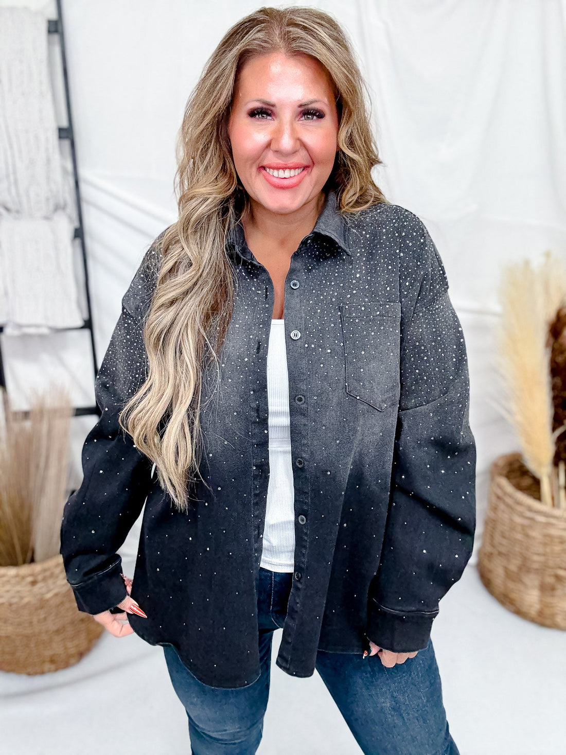 Long Sleeve Rhinestone Button Up Black Washed Denim Shirt - Whiskey Skies - DAVI & DANI