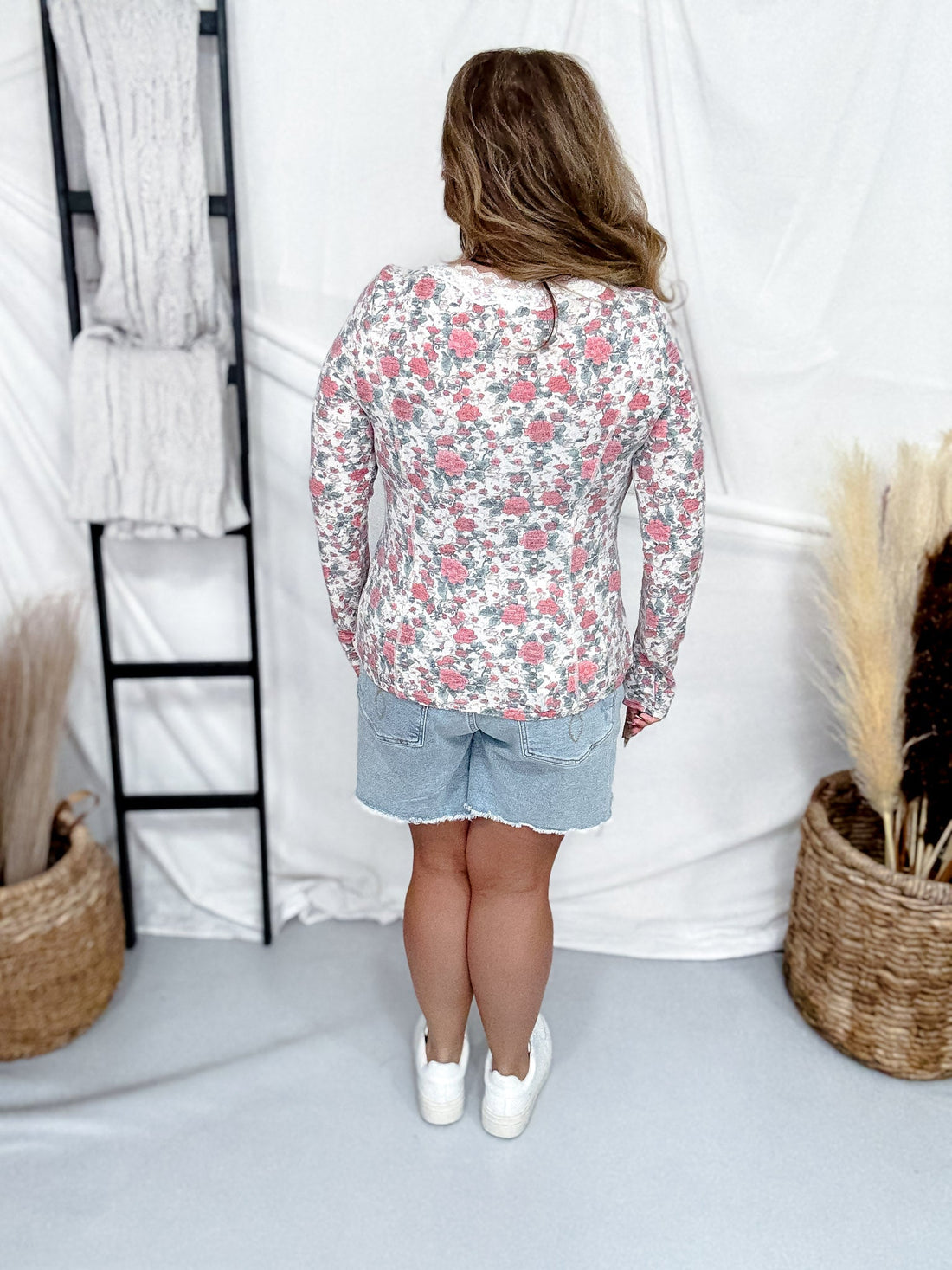 Long Sleeve Rose Print Top With Lace Trim - Whiskey Skies - BIBI