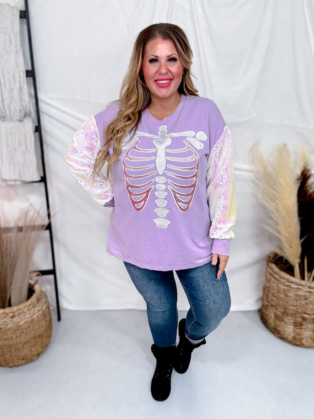 Long Sleeve Sequin Sleeve Glitter Skeleton Print Top - Whiskey Skies - SOUTHERN GRACE