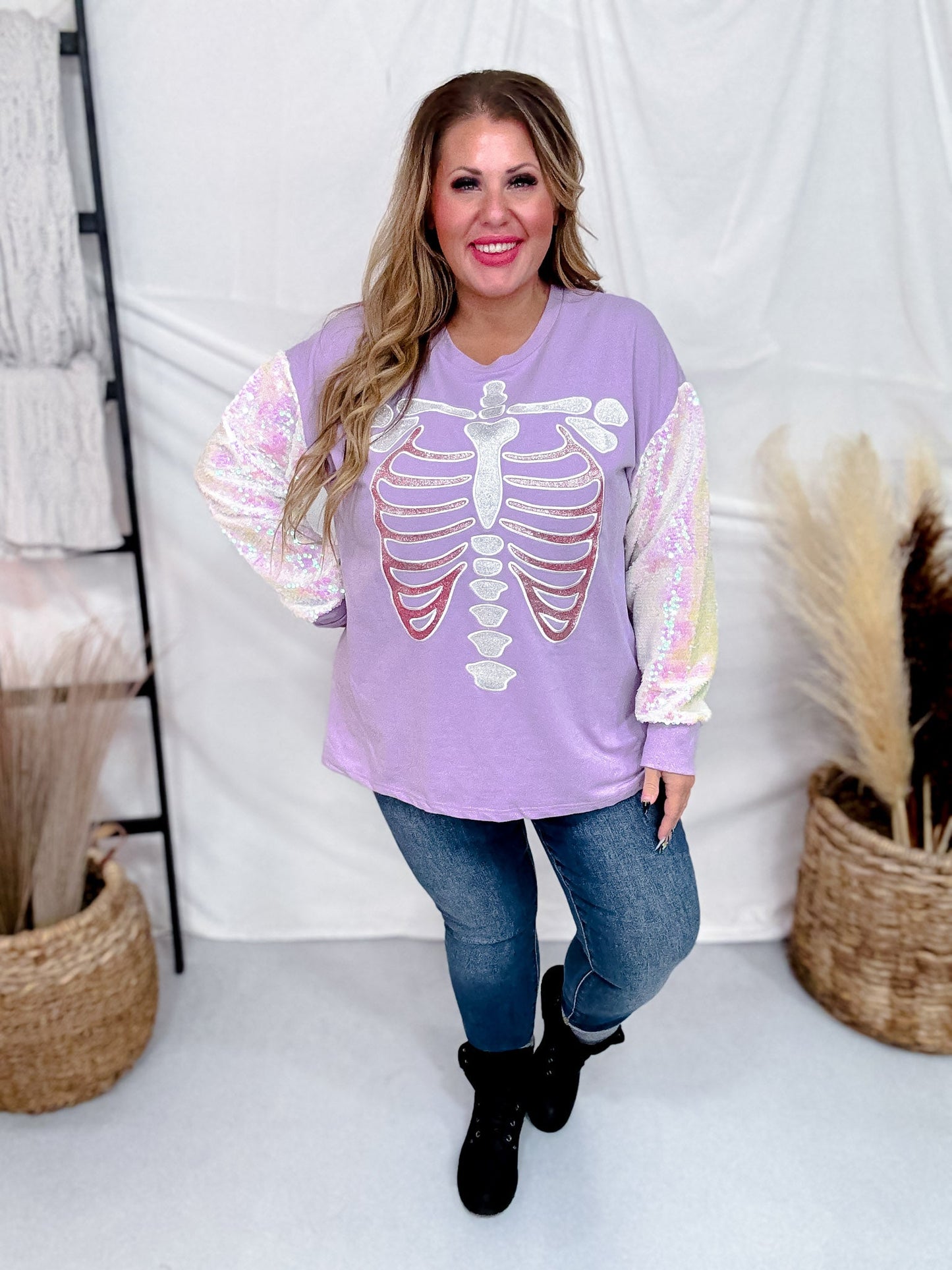 Long Sleeve Sequin Sleeve Glitter Skeleton Print Top - Whiskey Skies - SOUTHERN GRACE