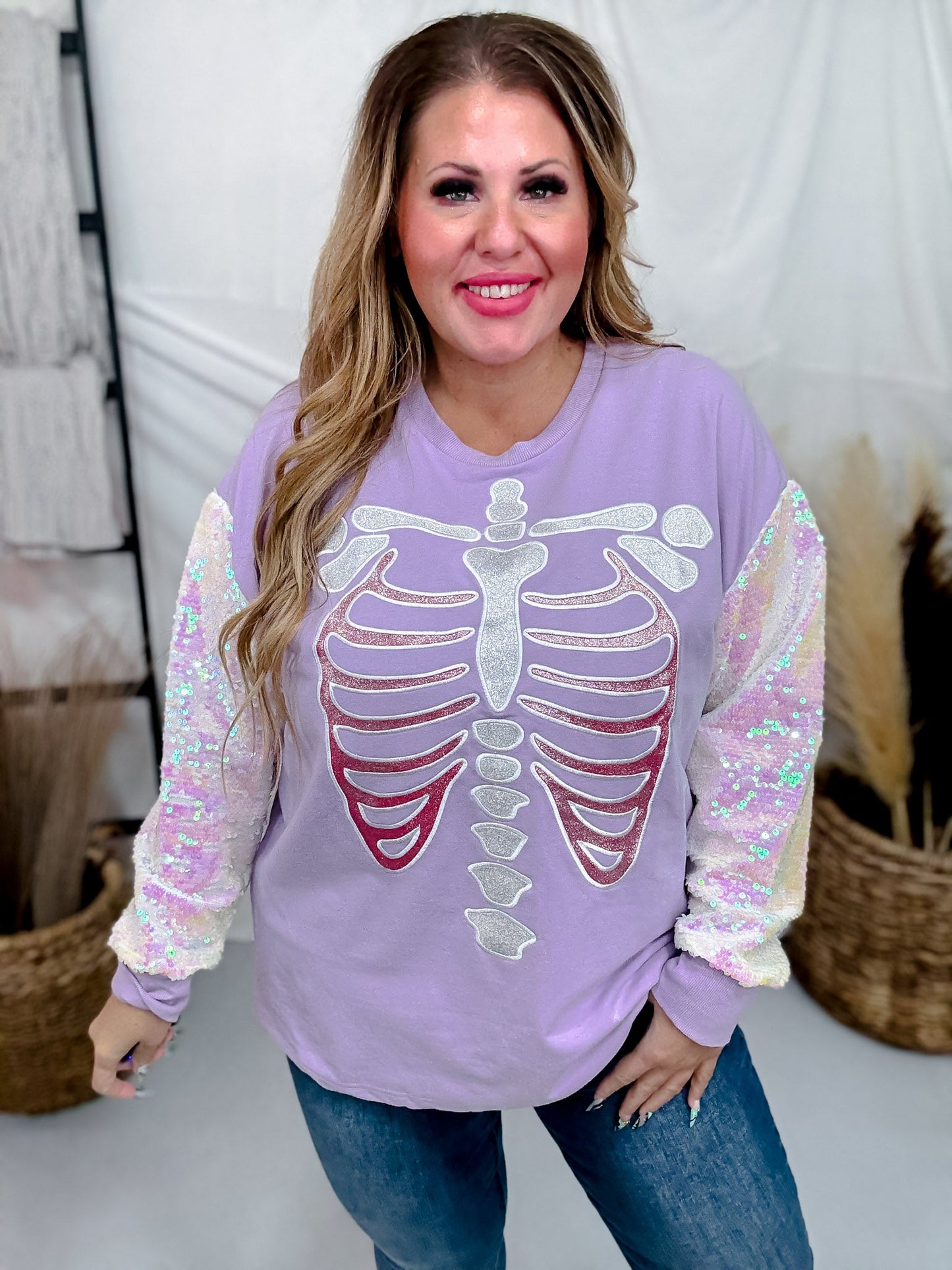 Long Sleeve Sequin Sleeve Glitter Skeleton Print Top - Whiskey Skies - SOUTHERN GRACE