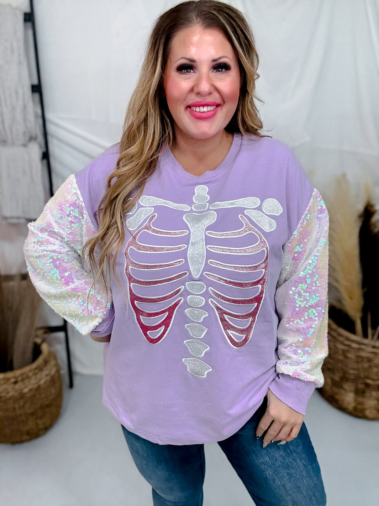 Long Sleeve Sequin Sleeve Glitter Skeleton Print Top - Whiskey Skies - SOUTHERN GRACE